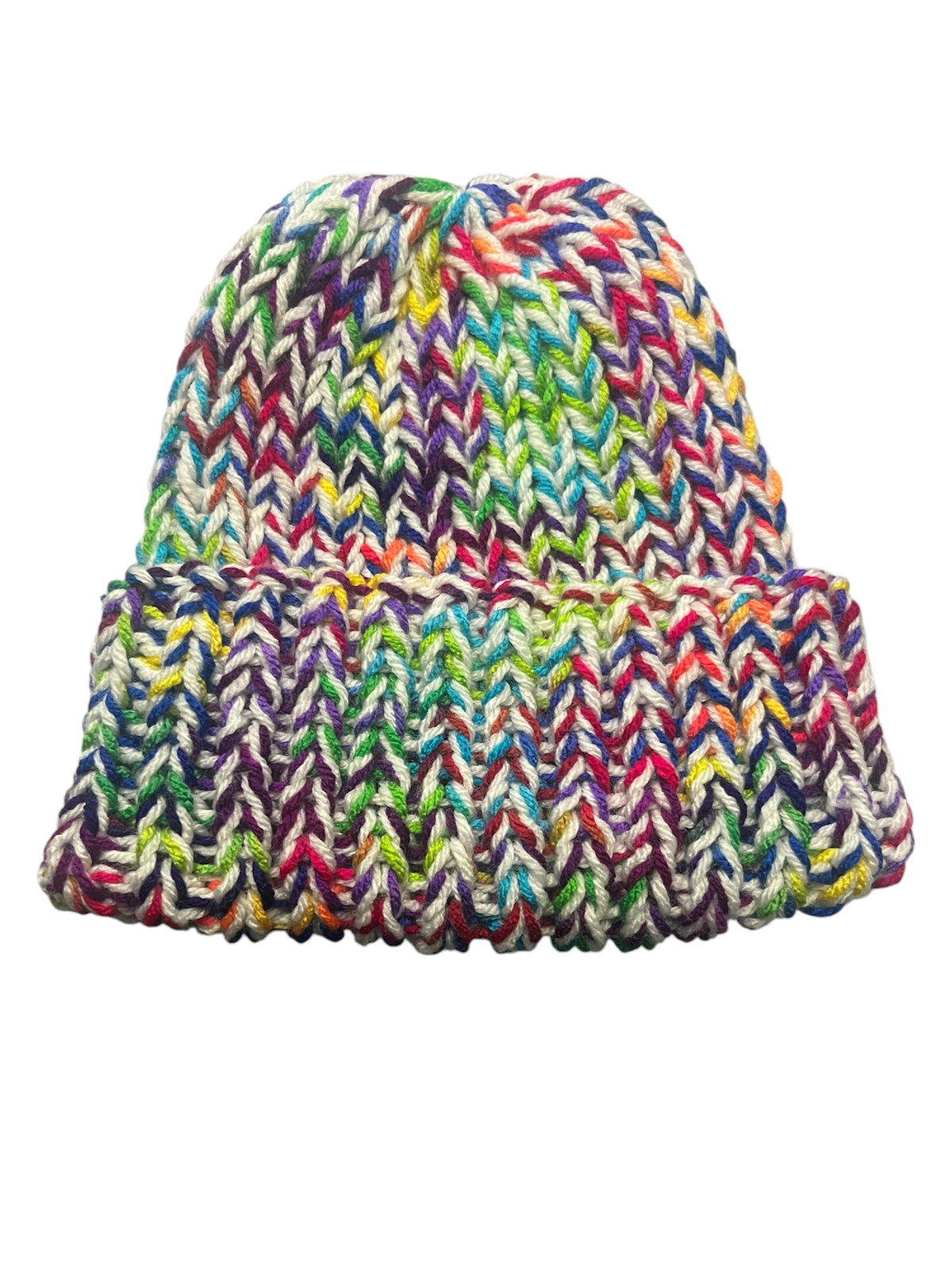 Stretchy Knit Beanie - White and Rainbow