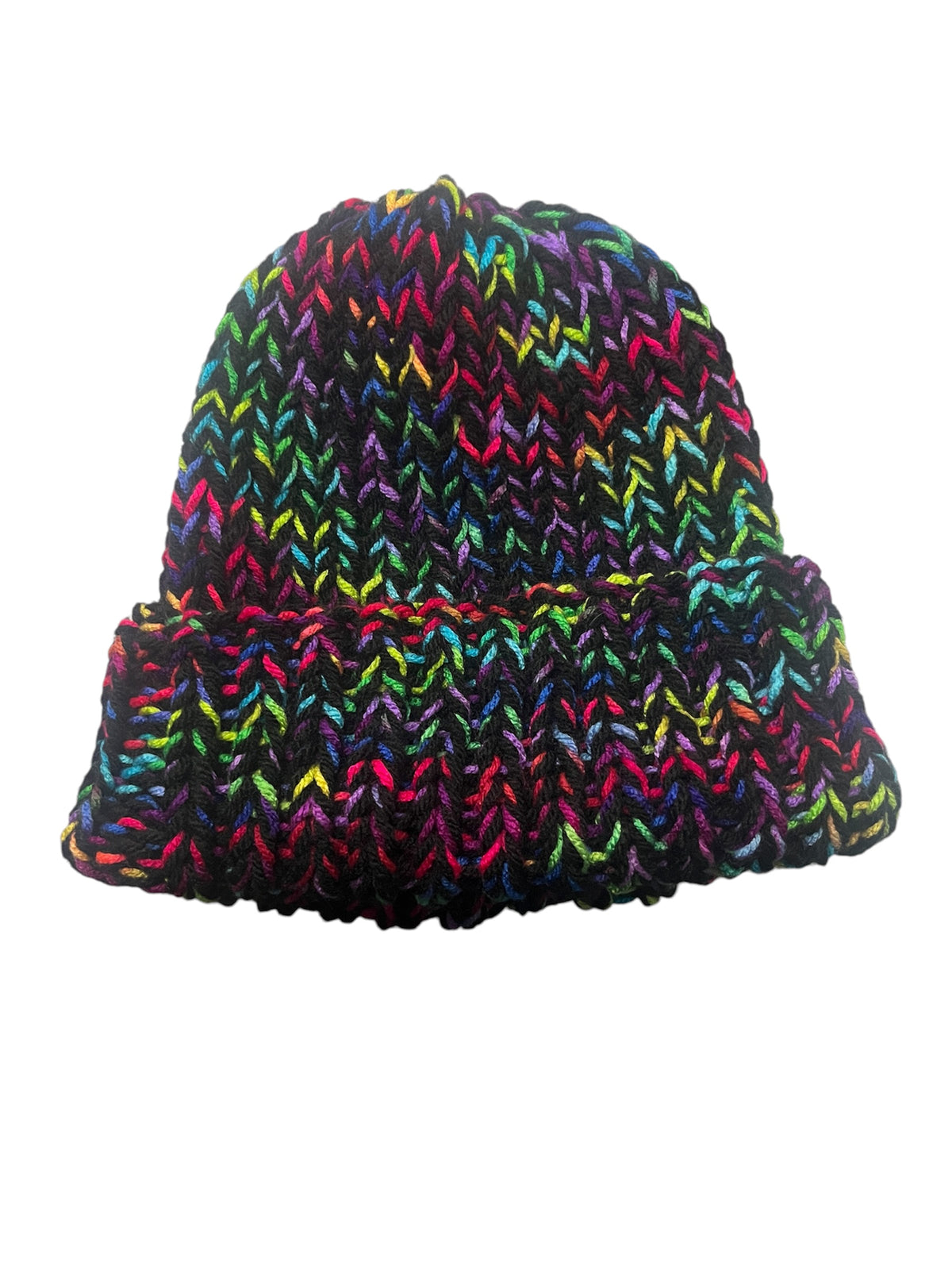Stretchy Knit Beanie - Black and Rainbow