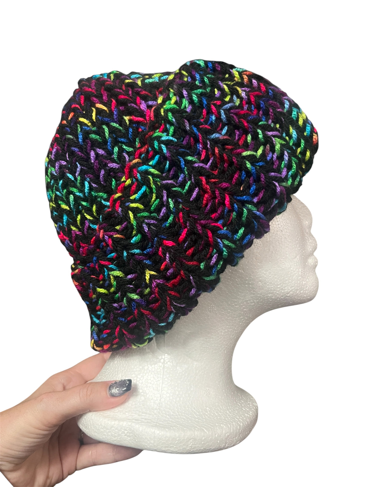 Stretchy Knit Beanie - Black and Rainbow