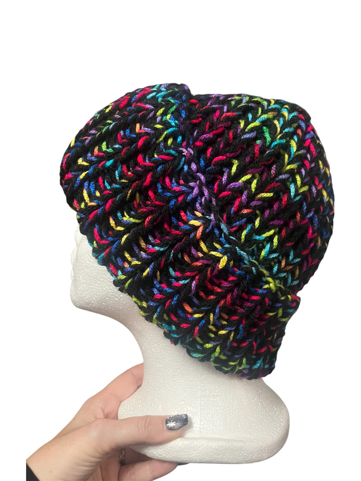 Stretchy Knit Beanie - Black and Rainbow