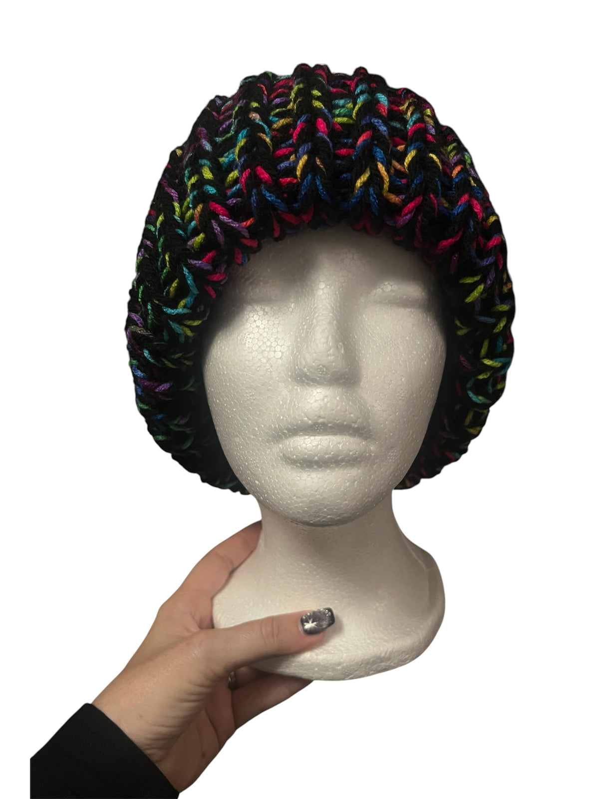 Stretchy Knit Beanie - Black and Rainbow