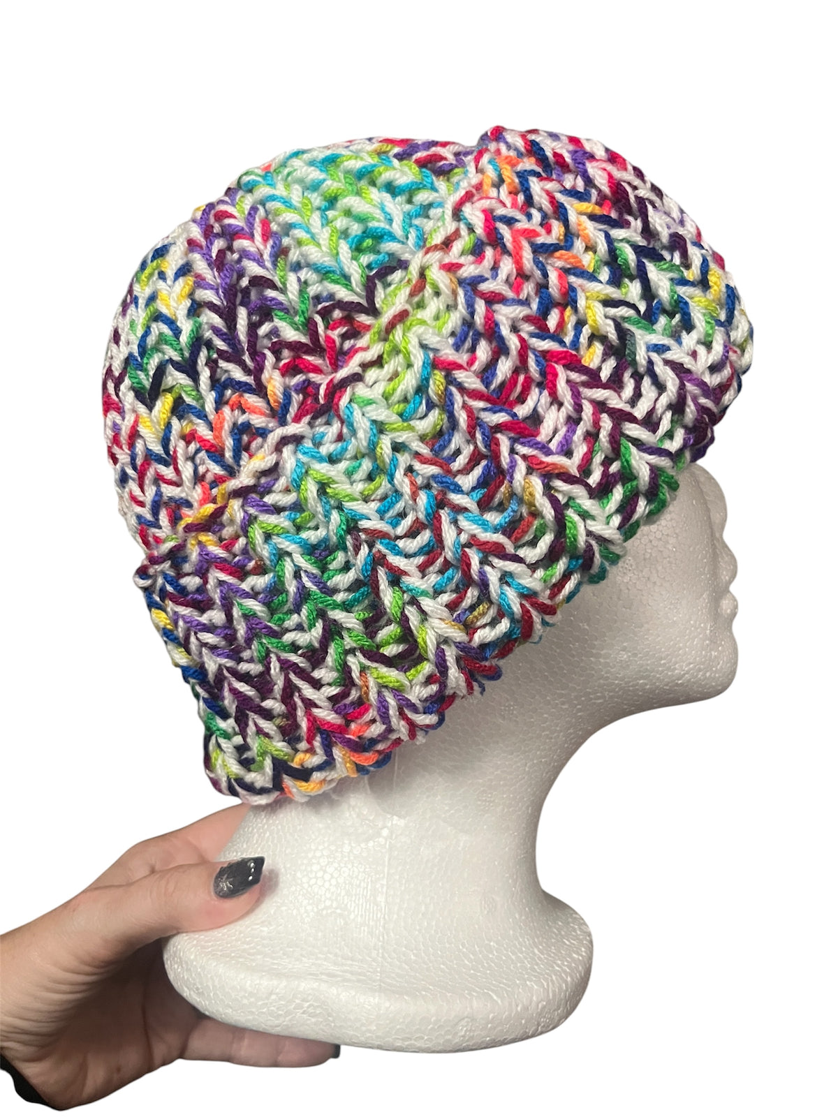 Stretchy Knit Beanie - White and Rainbow