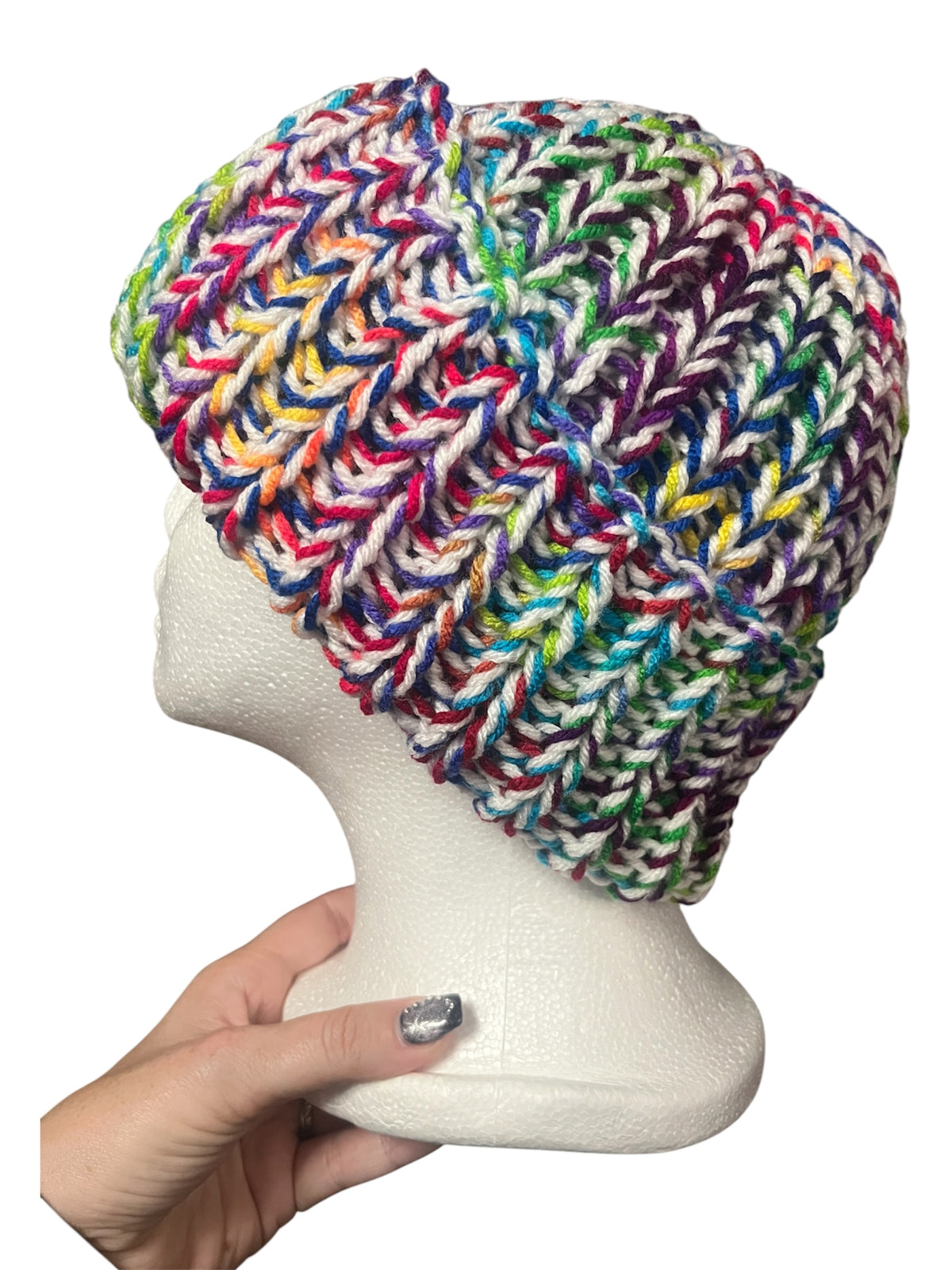 Stretchy Knit Beanie - White and Rainbow