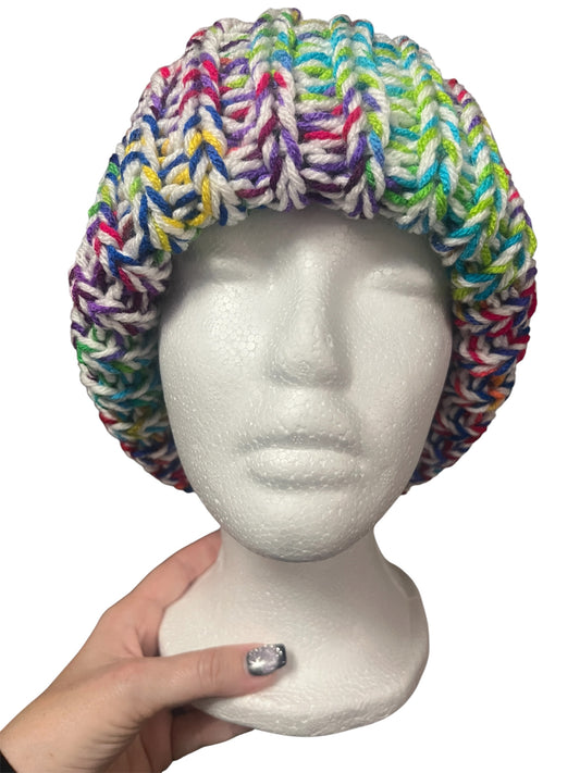 Stretchy Knit Beanie - White and Rainbow